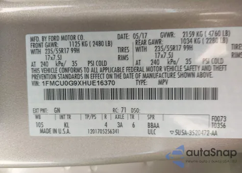 2017 Ford Escape Se from USA, damaged, VIN 1FMCU0G9XHUE16370